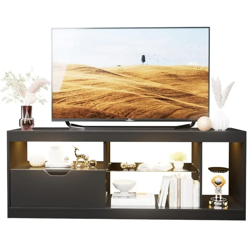 Modern LED TV Stand for Televisions up to 65+ Inch with Glass Shelves and Drawer, Gaming Entertainment Center