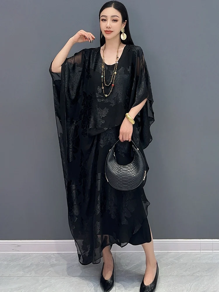 SHENGPALAE 2024 Summer New Chinese Style Jacquard Fashion Temperament Versatile Elegant Dress For Women Solid Color Robe 5C1154