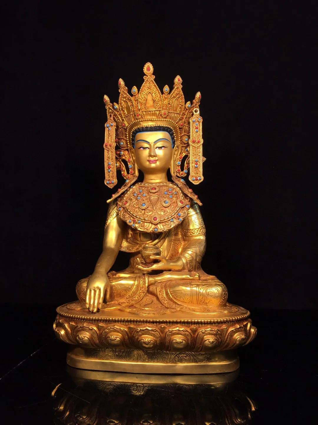 

Tibetan Brass Gilded Colored Face Painting Enlightenment Guanyin Tara Gemstone Buddha Statue Decoration 36cm Home Buddhist Hall