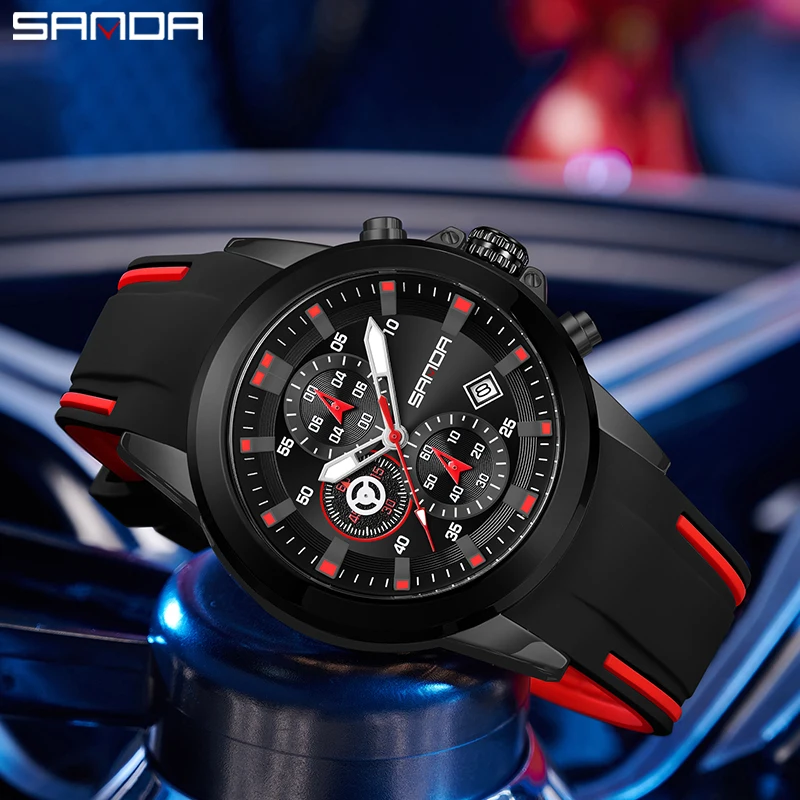 SANDA-Reloj de pulsera deportivo para hombre, cronógrafo de cuarzo con tres ojos y seis agujas, resistente al agua, con correa de silicona y calendario, sencillo, a la moda, 5503, 2023