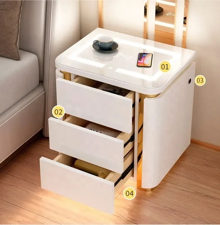 NOVA Intelligent Bedroom Furniture High Gloss Bedside Table Modern Simple Design White Smart Nightstands With Sensor Light Strip - view 3