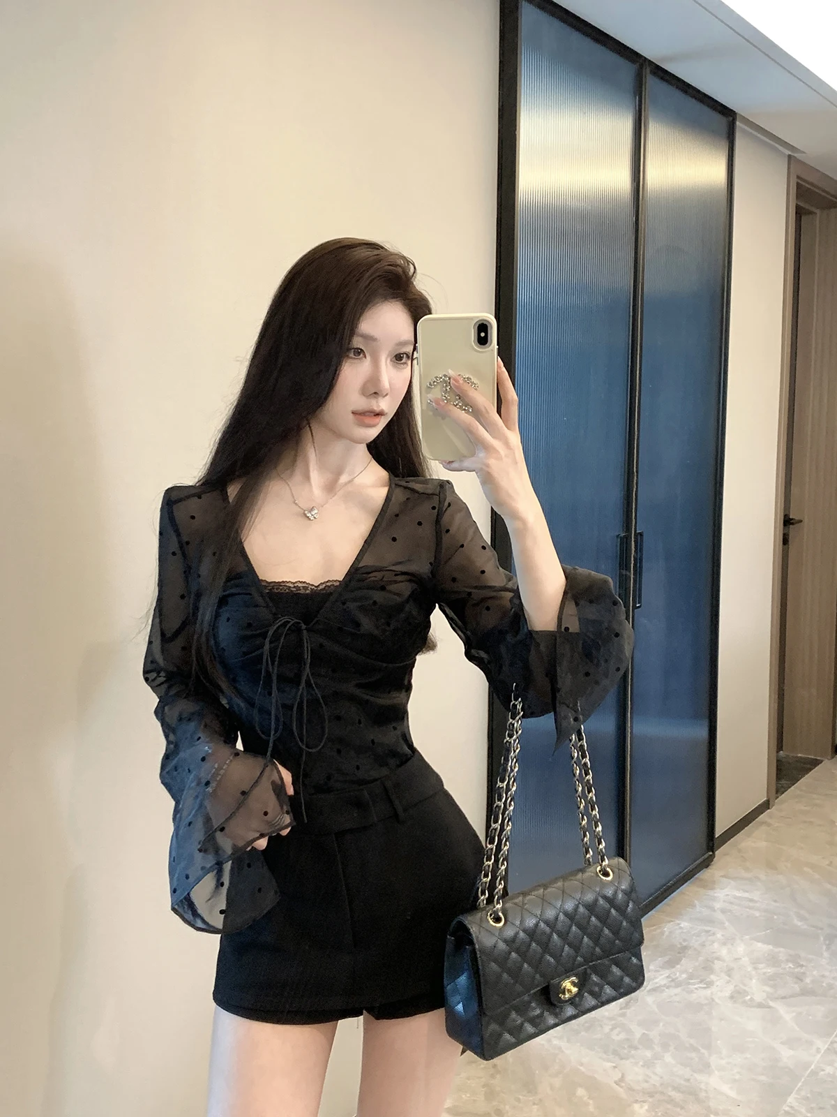 

Early Autumn Bla Polka Dot Lace irt Women's Par Two-Piece Set Slim Fit Long Sve Collar Regular Length Polyester