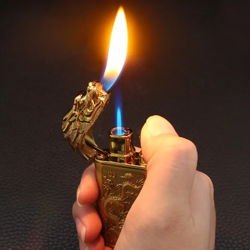 DragonHead Double Fire Inflatable Windproof Blue Flame Lighter Relief Divine Dragon Metal Direct Turn Open Fire CigaretteLighter