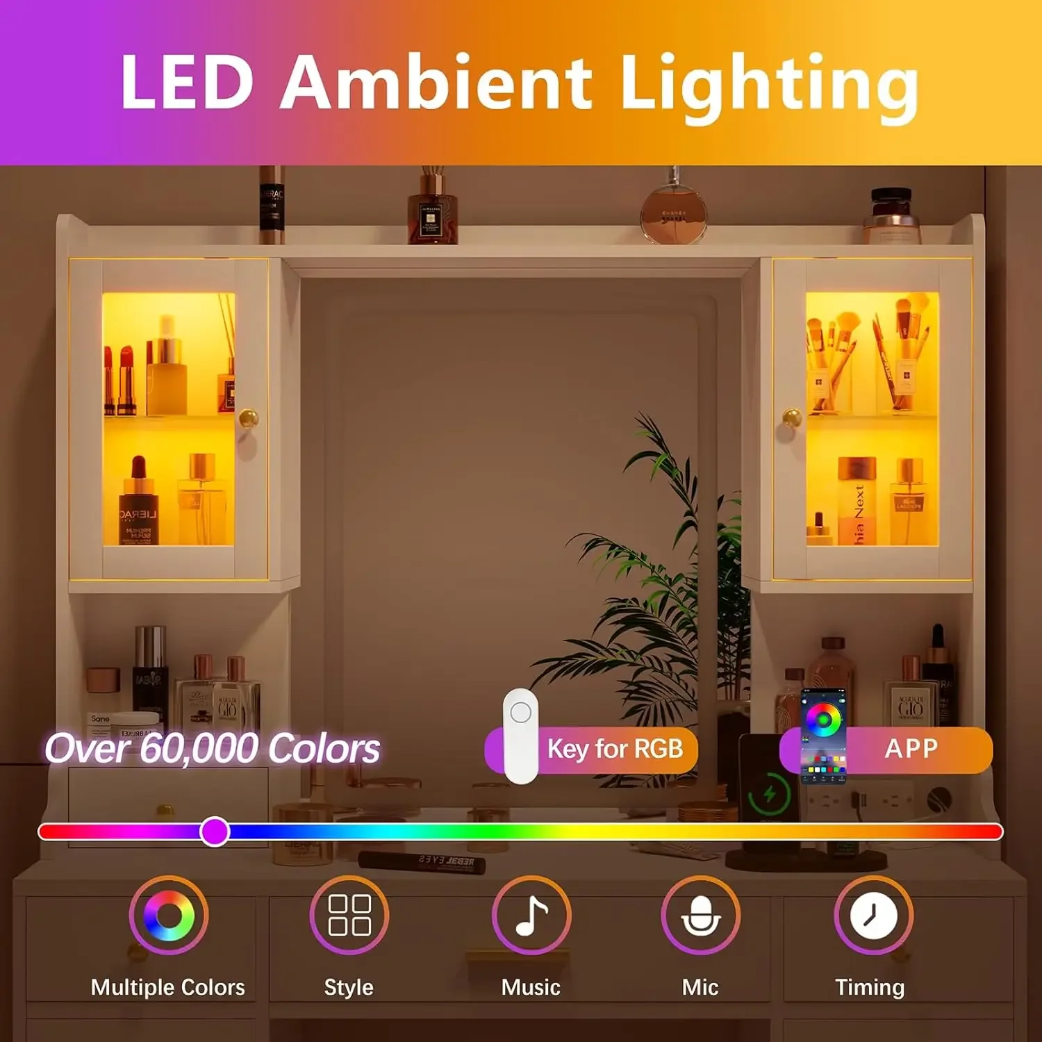 Meja rias putih dengan cermin, lampu dan stasiun pengisian-Set meja rias besar dengan lemari RGB dan 3 mode lampu LED