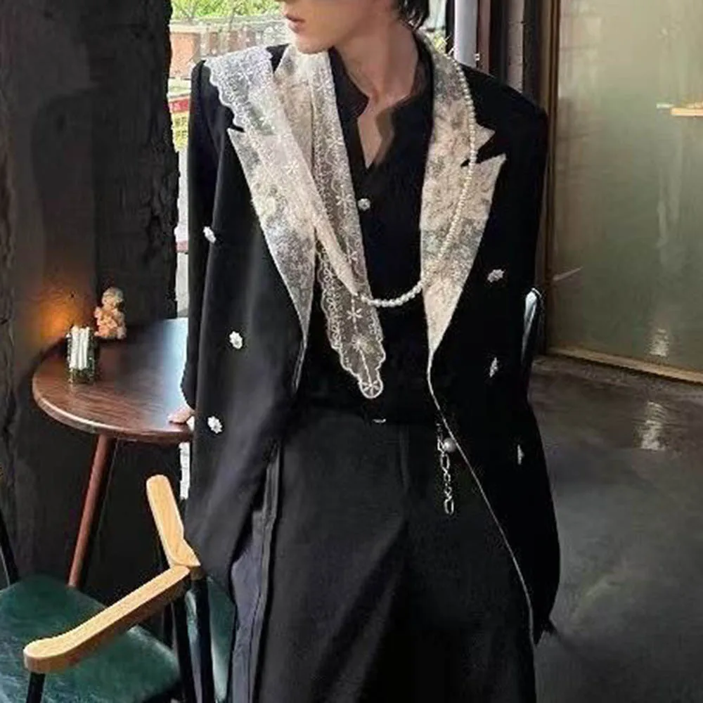 Autumn New Male Lace Stitching Long-Sleeved Jacket American Retro Fashion Trend High Street Casual Loose Niche Men's Tops 2025