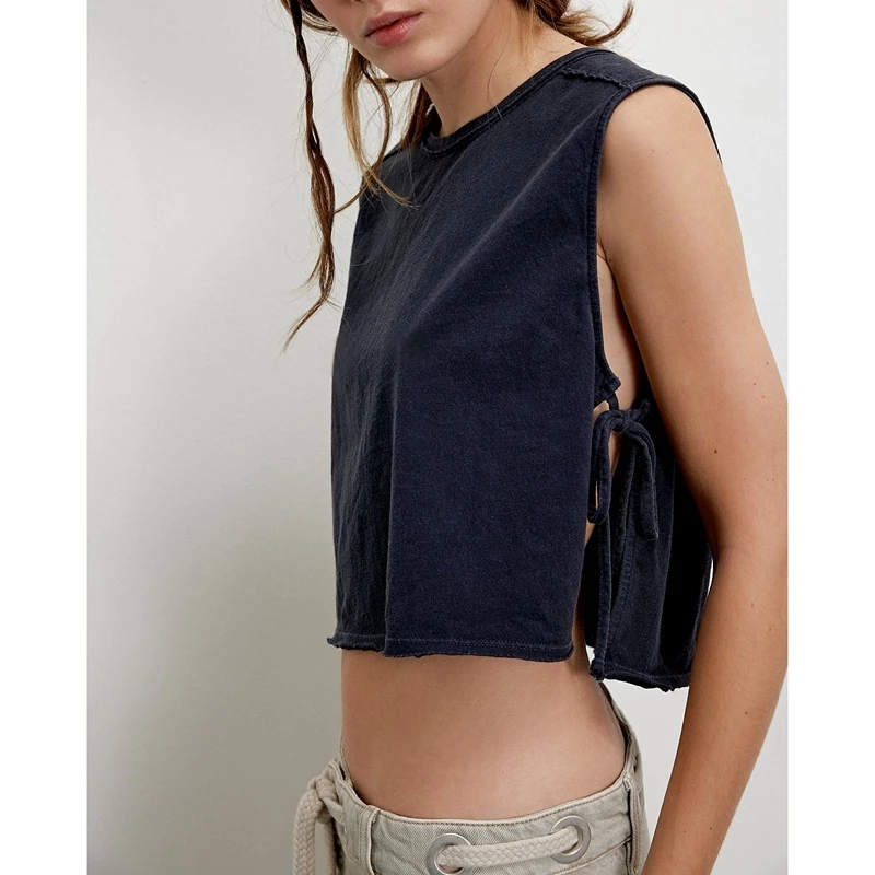 Women's Side Tied Split Crop Tank Tops Y2k Teen Girl Loose Sleeveless Shirt Solid Color Crew Neck Cleanfit Going Out Summer Vest
