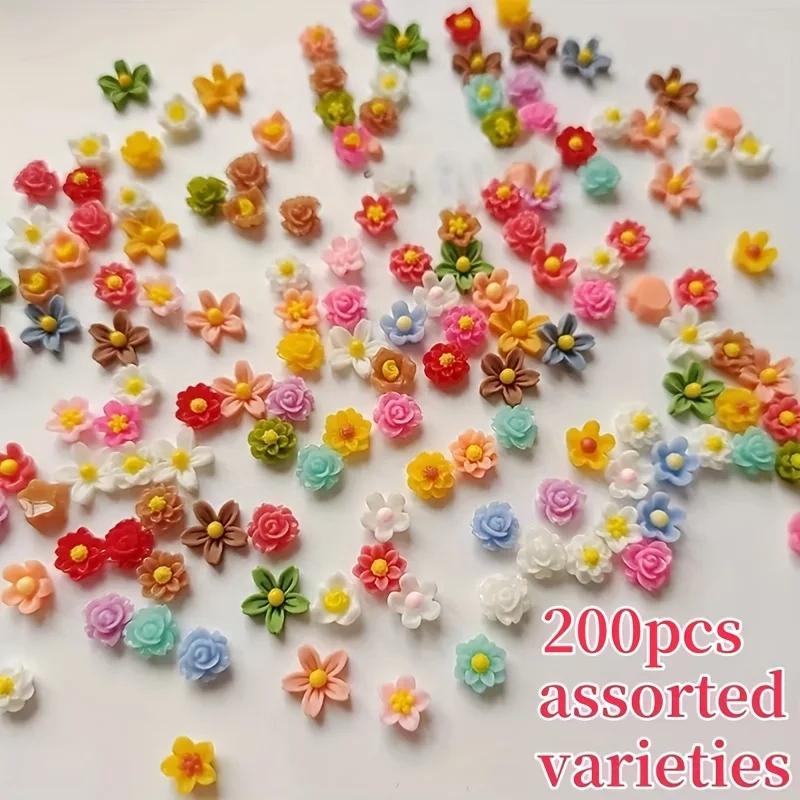 200pcs Mini Flower & Star Bead Assortment - Vibrant Resin Craft Beads for DIY Jewelry, Hair Accessories & Nail Art Decorations