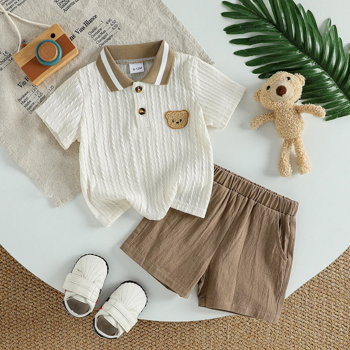 2Pcs Toddler Baby Boy Shorts Set Summer Outfit Infant Bear Collared Short Sleeve Cable T-Shirts And Shorts Kids Clothes For 1-3Y