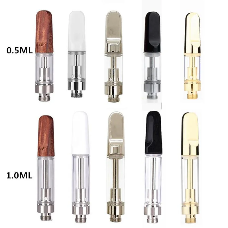 10pcs TH205 Vape Cartridges 0.5ml 1.0ml CC-ell Atomizers Ceramic Coil Carts Gold/Silver/Wood Drip Tips 510 Thread Thick Oil Tank