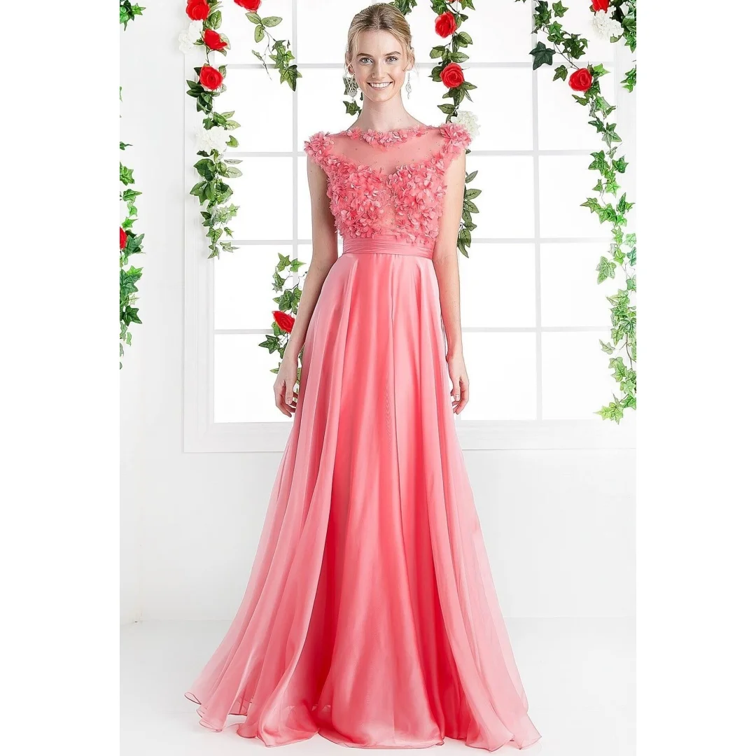 

Pink Flowers Evening Dresses Women A Line Mesh Tulle Party Dress Sleeveless Customized Prom Gown Floor Length Vestidos