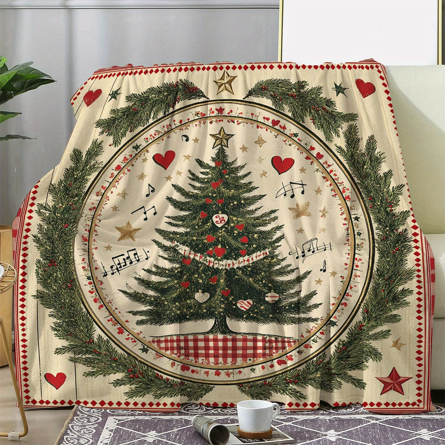 1 Stück Winter-Flanelldecke, Weihnachtsbaum- und Herzdruck, warme, weiche, gemütliche Decke für Sofa, Bett, Auto, Büro, Camping, Reisen