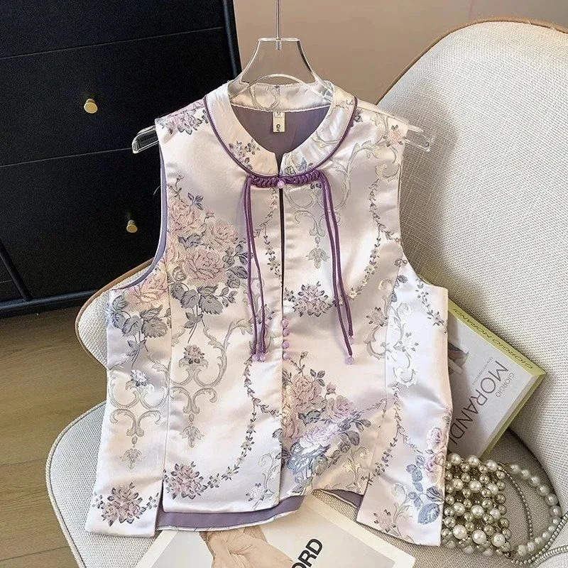 Spring New Chinese Style Printed Vest For Women Elegant Vintage Tang Clothes Sleeveless Waistcoat Autumn Costume Shoulder Jacket