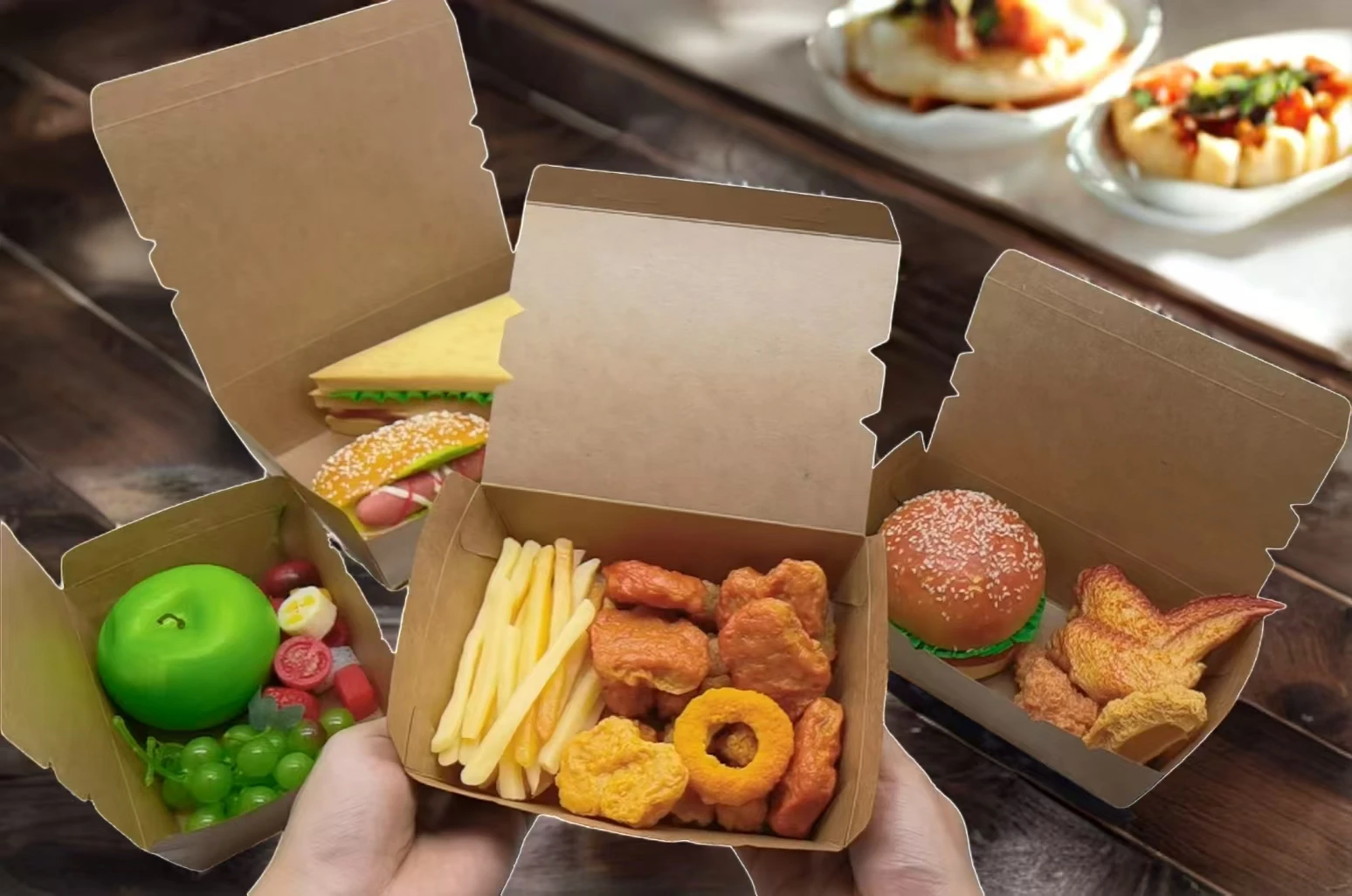 Contenedor para llevar Kraft con tapa abatible, fiambrera desechable, fiambrera de papel Kraft grueso adecuada para patatas fritas, fiestas de Catering