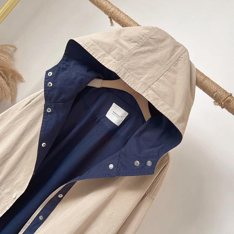 SuperAen Autumn New Hooded Loose Casual Contrast Color Cotton Mid-length Trench Coat for Women Single Breasted Jackets