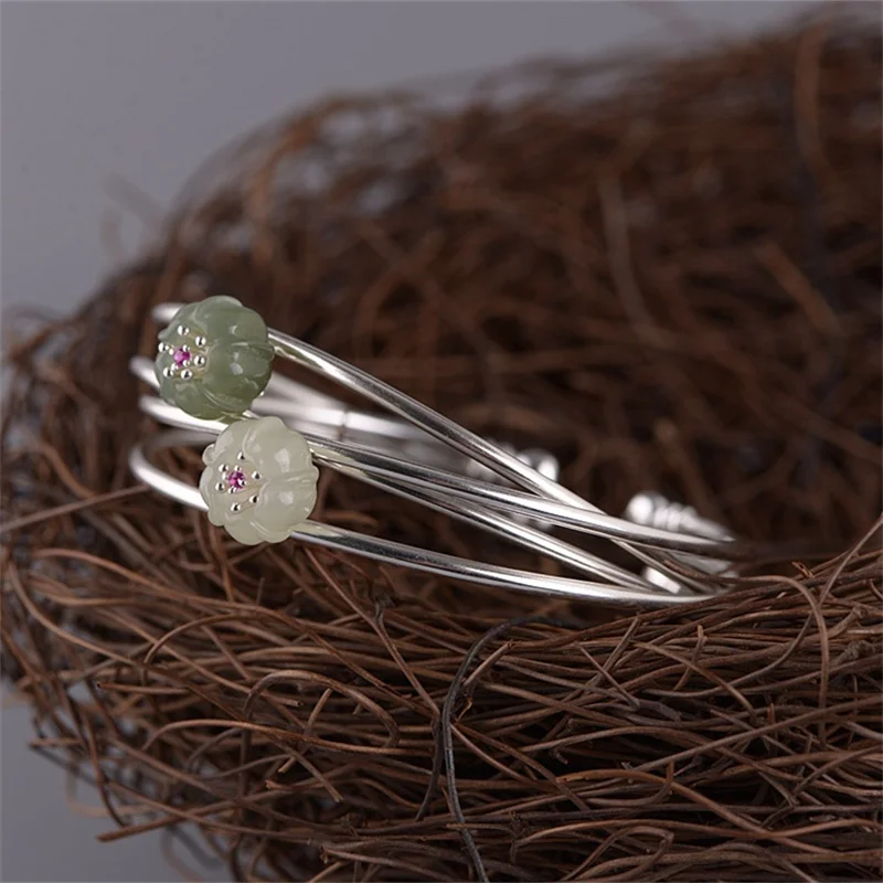 

Natural Hotan Jade Flower Bangles for Women Elegant Orientalism Lotus Bangle Hollow 2 Circles Bracelets Ethnic Fashion Jewelry