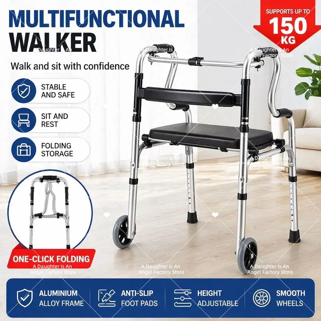Folding Walker for Seniors Elderly Folding Walker Height Adjust Stainless Steel Portable Recovery Senior Walker Silver Black