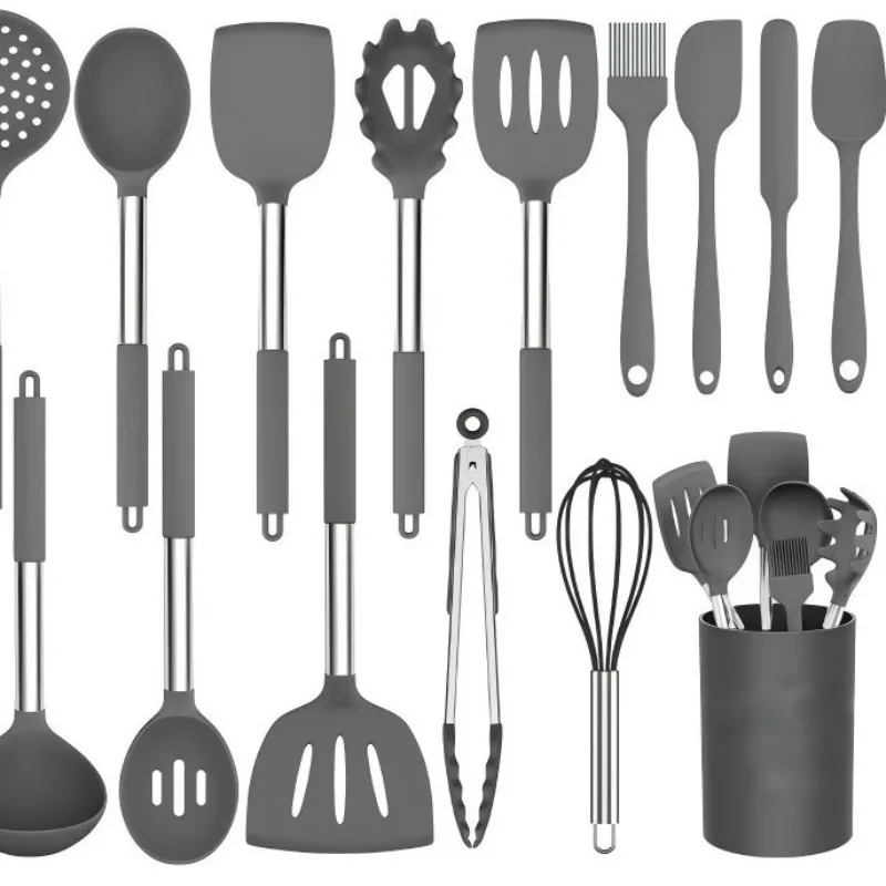 Factory Direct 2026 Kitchen Utensils Stainless Steel Handle Silicone Kitchenware 15-Piece Set with Storage Bucket Cooking Scoop