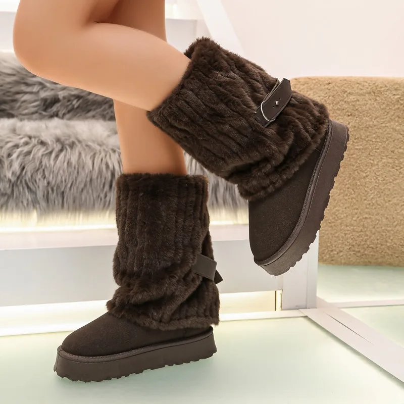 Winter Fashion Knitted Ribbed Cuff Thick Soled Women's Snow Boots 2026 New Fleece Lined Round Toe Comfort Warm Casual Women Shoe view 5