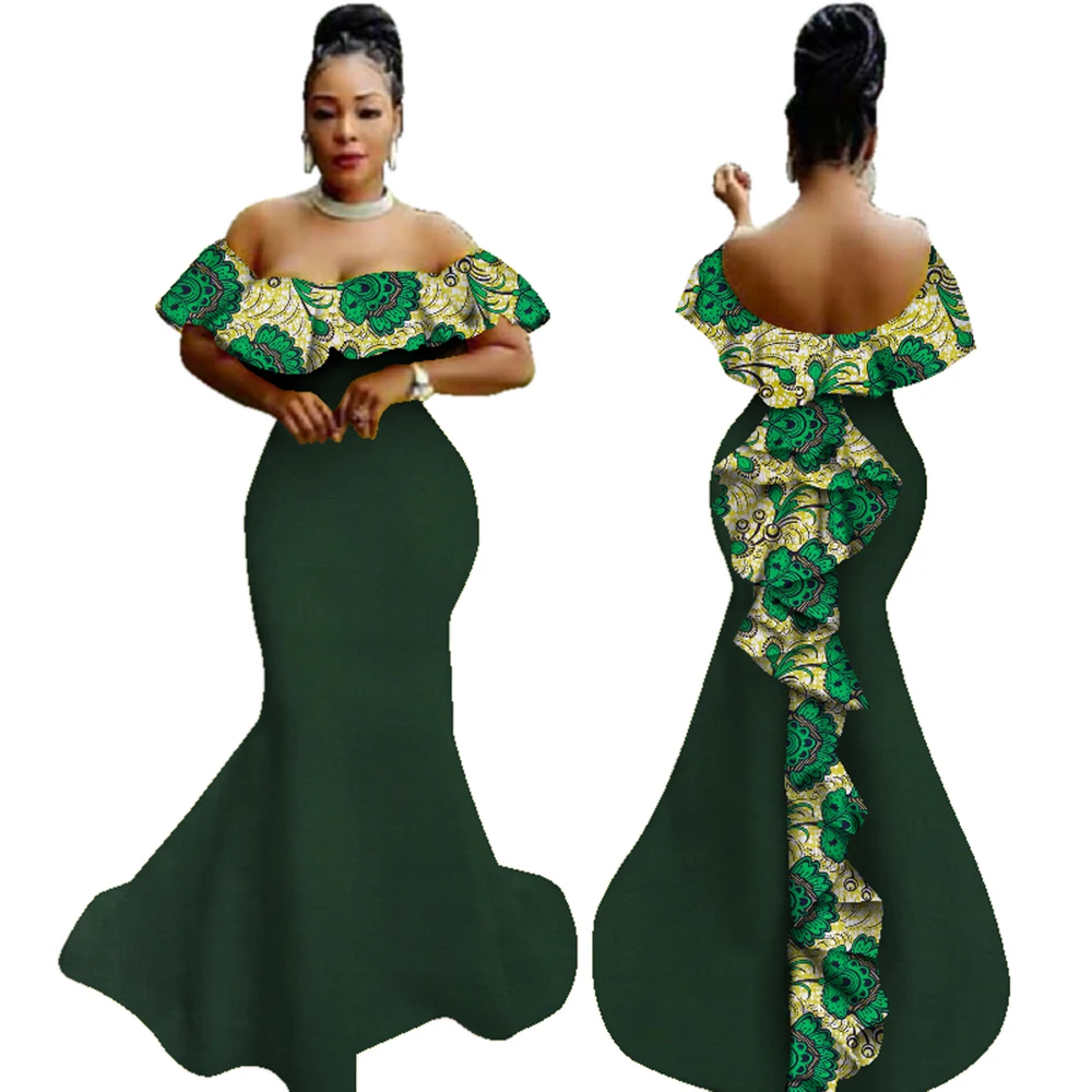 African Wax Print Ruffles Long Dresses Women Party Dress Vestidos Bazin Riche Off Shoulder Ankara Dress Evening Dresses WY2919