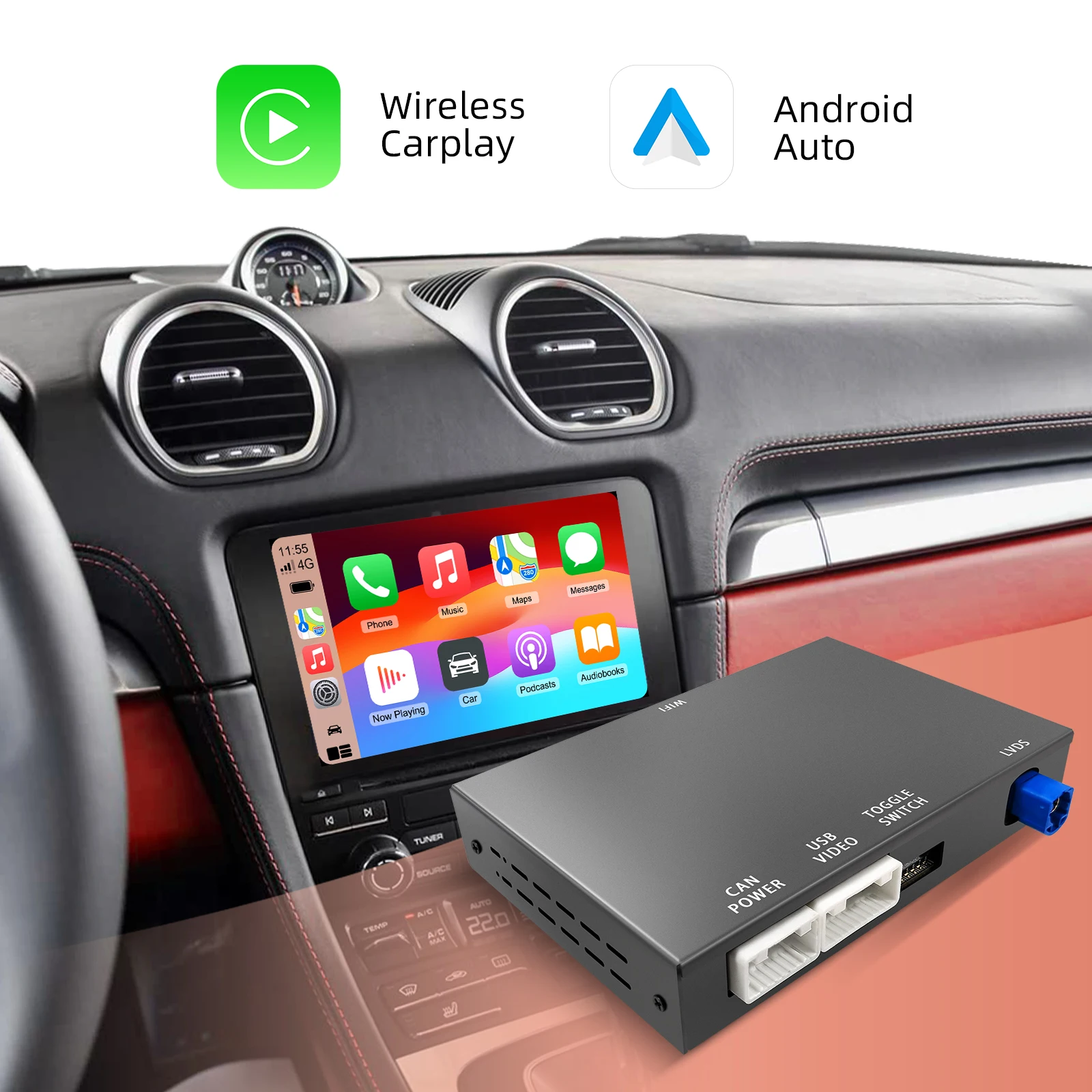 Ezonetronics Kabelloses CarPlay Android Auto Nachrüstkit Decoder-Box für Porsche PCM 4.0 CarPlay-Schnittstelle mit Unterstützung für Mirror Link