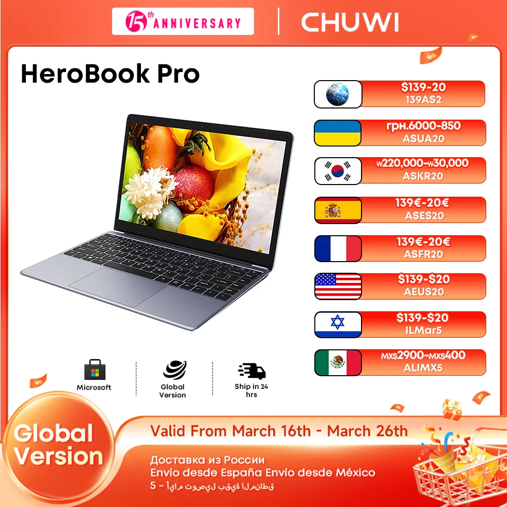 Ноутбук CHUWI HeroBook Pro, 8 ГБ ОЗУ, 256 ГБ SSD, Intel Celeron N4020, двухъядерный 14,1-дюймовый IPS-экран, Windows 11, ноутбуки для ноутбуков