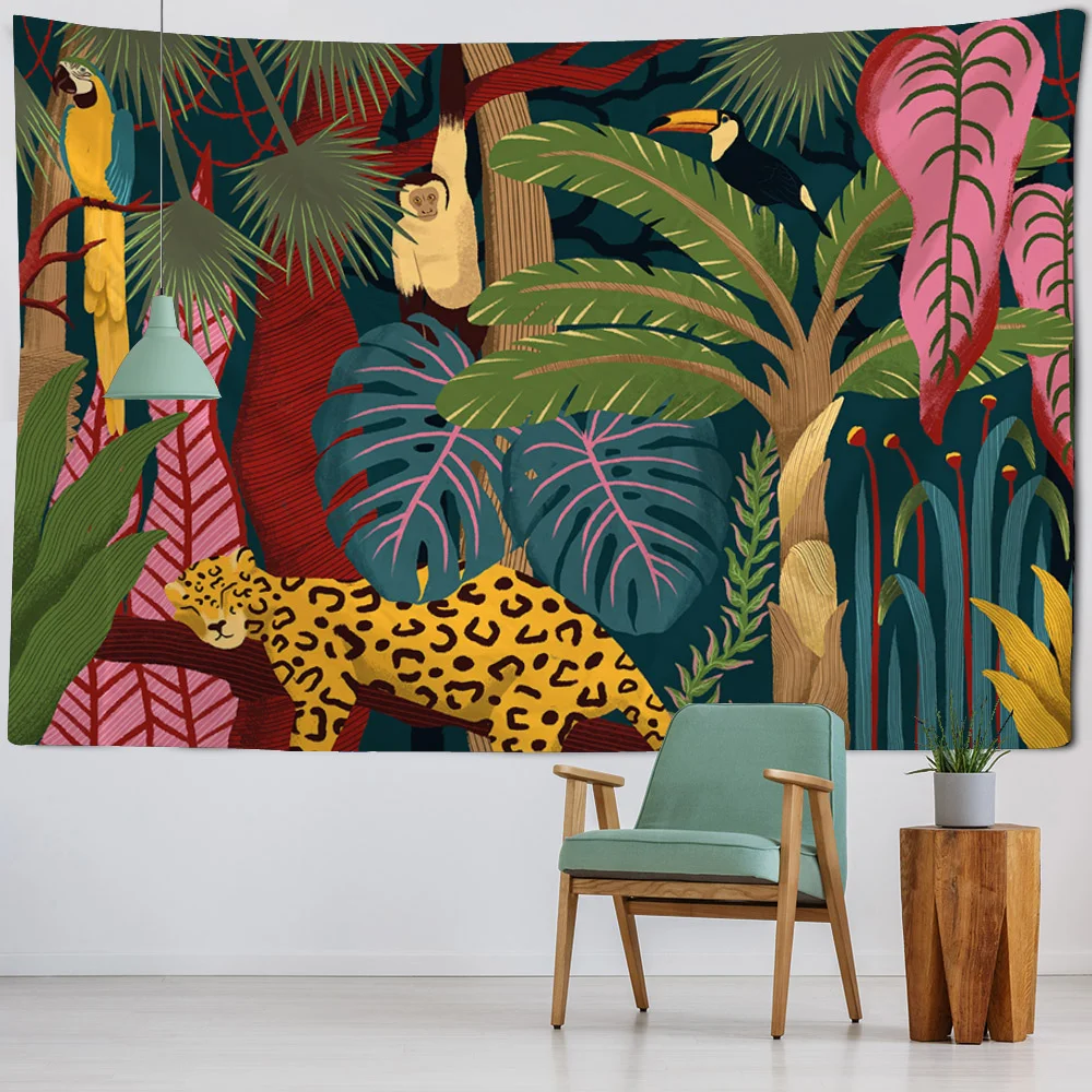 Jungle Animal Flower and Bird Tapestry Tropical Rainforest Room Art Wall Decor Blanket Suitable for Living Room and Dormitory