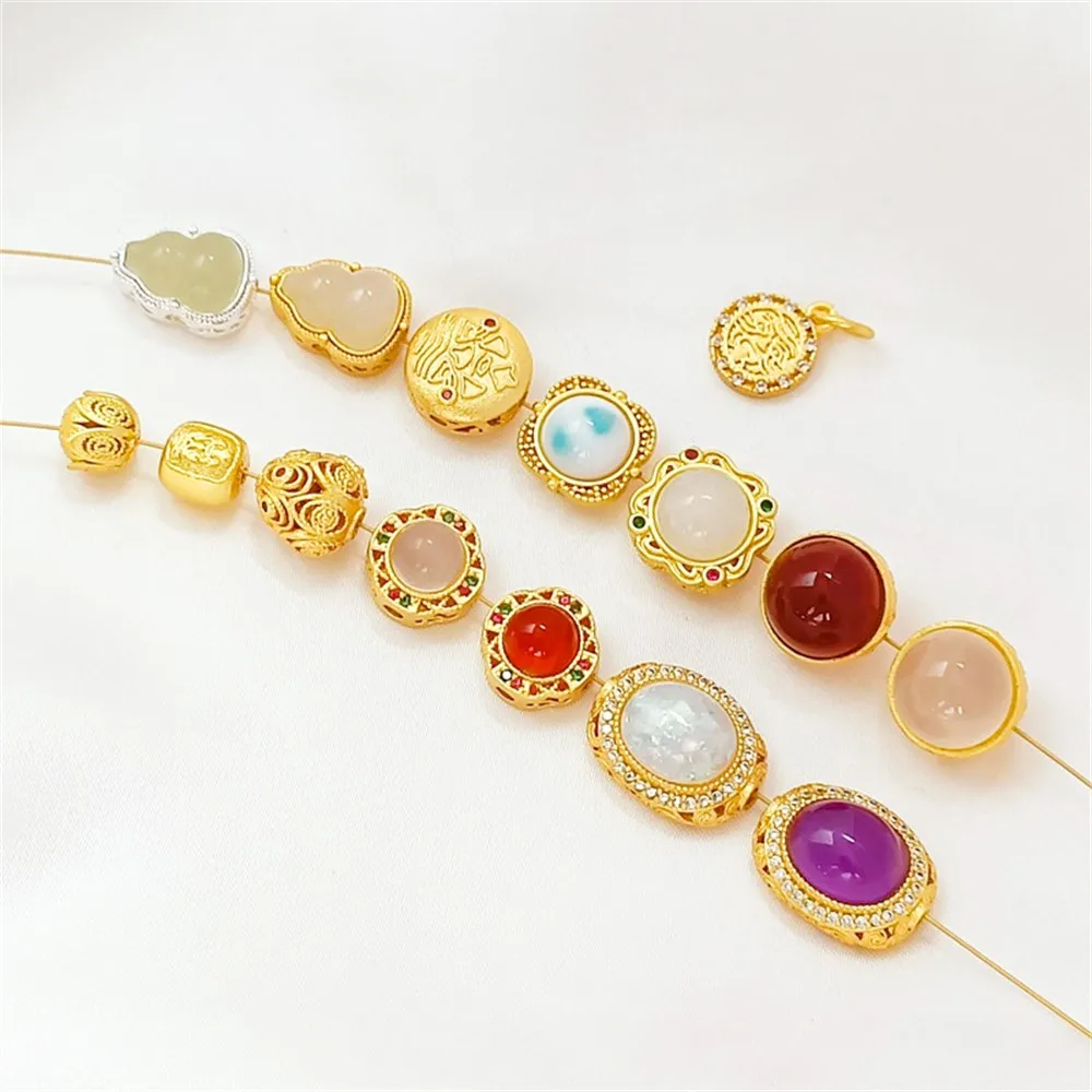 18K Sand Gold Hetian Jade Gourd Lotus Five Handmade DIY Jewelry Accessories with Egg-shaped Oval Spacers