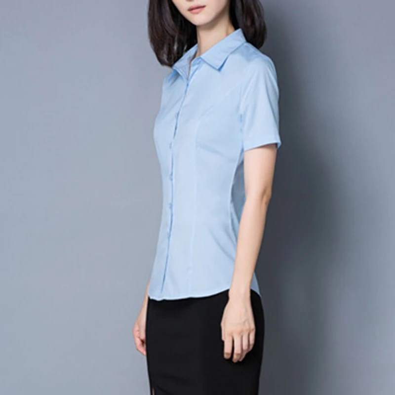 Classic-Fit Tops Women\'s Office Work Shirts Lapel Collared Blouse Short Sleeve Ladies Business Blouses Summer