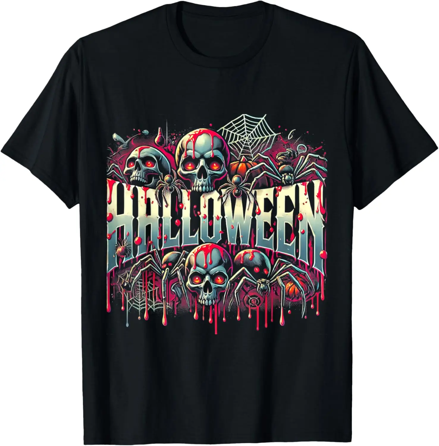 Skull Spider Web Halloween Horror Gothic Design T-Shirt