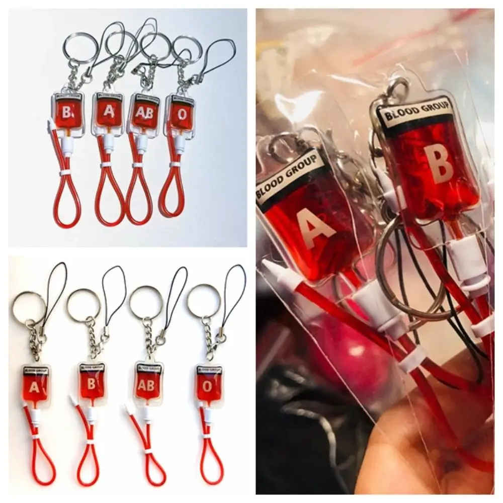 

Type A B O AB Plasma Blood Bag Keychain PVC Bag Charm Mobile Phone Straps Unique Fashion Halloween Blood Pendant DIY Accessory