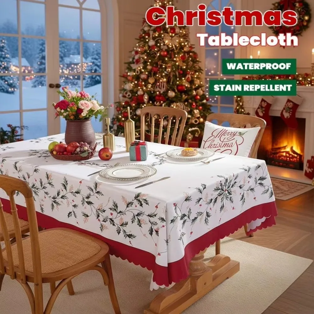 New Rectangle Decorative Table Cloth Reusable Poinsettia Floral Christmas Table Cover Waterproof Xmas Tablecloth Festival Props
