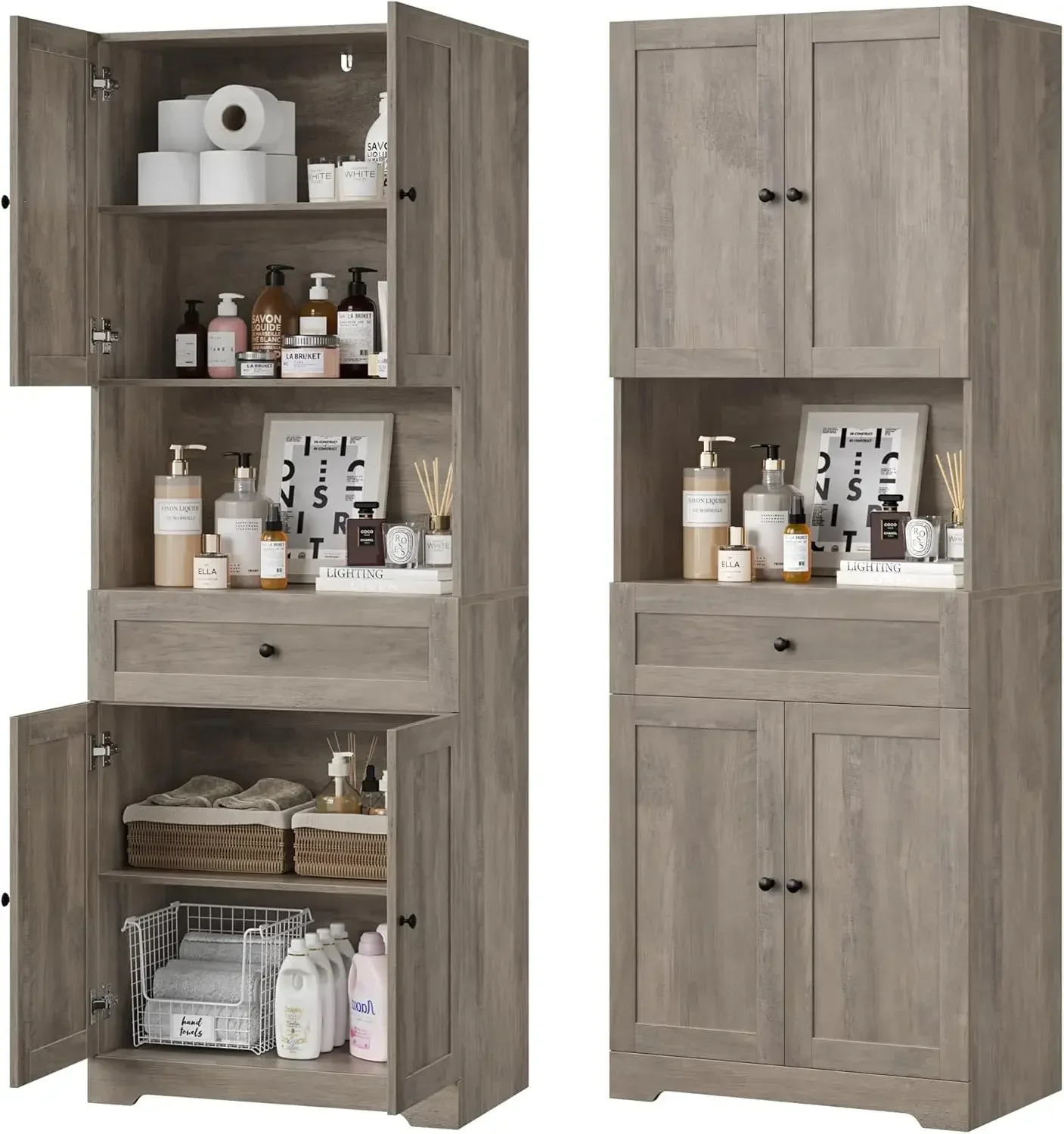 

Tall Bathroom Storage Cabinets, Farmhouse Linen Cabinet With 4 Doors & Wide Shelves & Drawer, 67” Tall Storage Cabinet