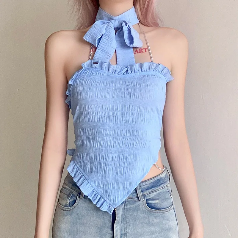 

2023 Summer Fashion Women's New Solid Color Bandage Bowknot Tube Top Halter Slim Sexy women clothing Vest with Wooden Ears