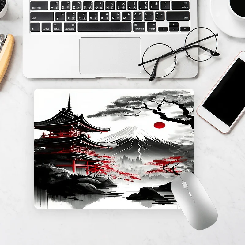 

Japanese Landscape Mouse Pad - Red Pagoda Design, 290X250X2mm K Non-Slip Rubber Base, Durable Stitched Edge mouse and keyboard