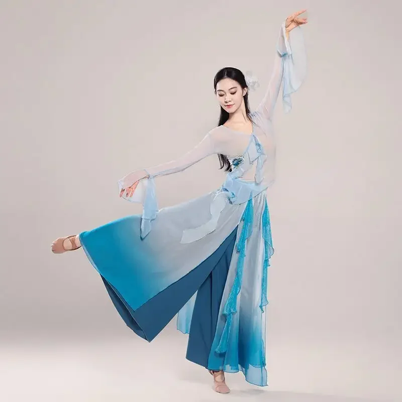 Chinese Style Classical Dance Fairy Style Lotus Leaf Gauze Dress Woman Elegant SkirtChinese Ethnic Dance Practice Costume