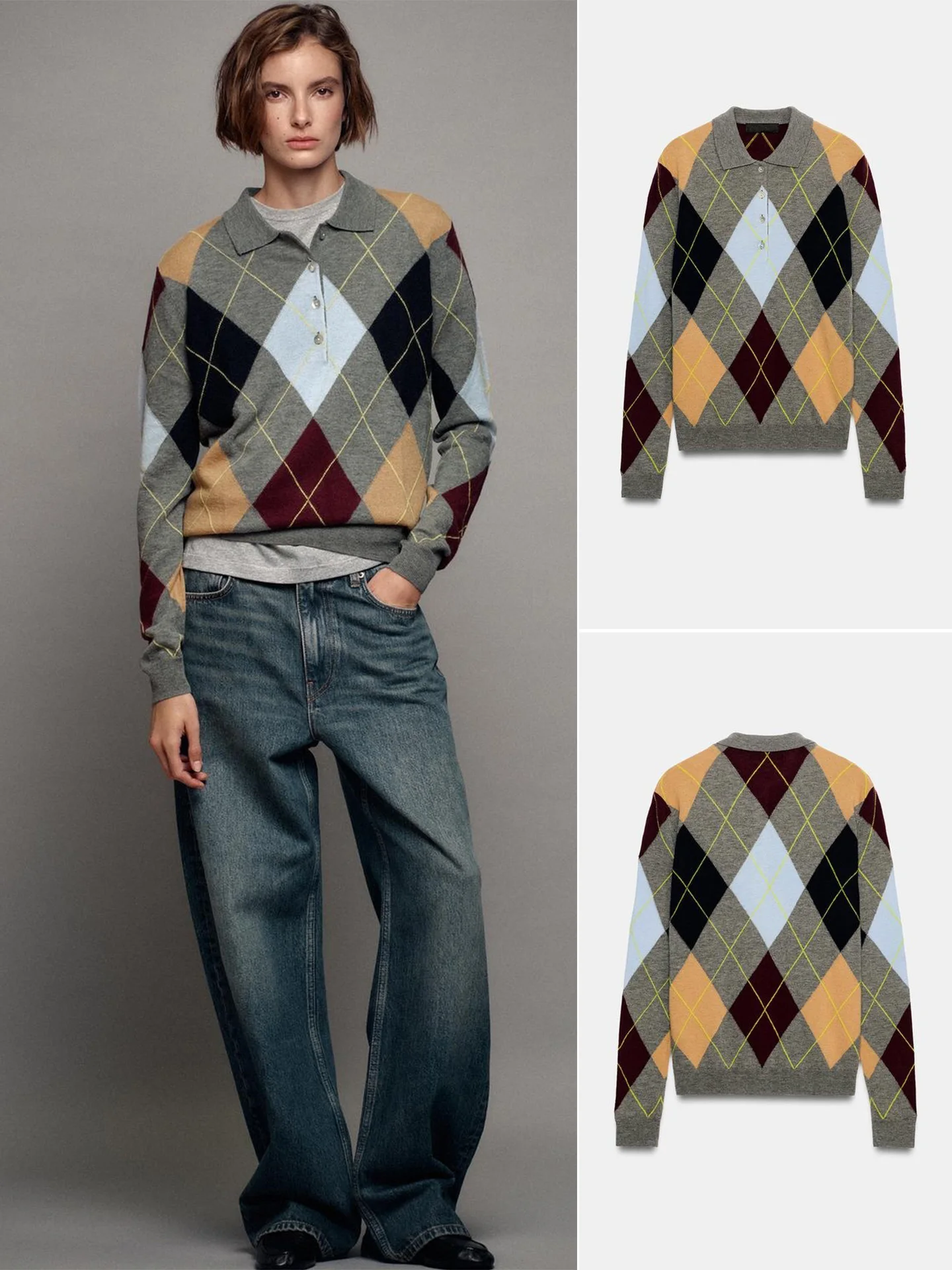 Women's Loose Fit Long Sleeve  Shirt Autumn New Arrival Turn-down Collar Ribbed Layered Diamond Plaid Casual Fashion