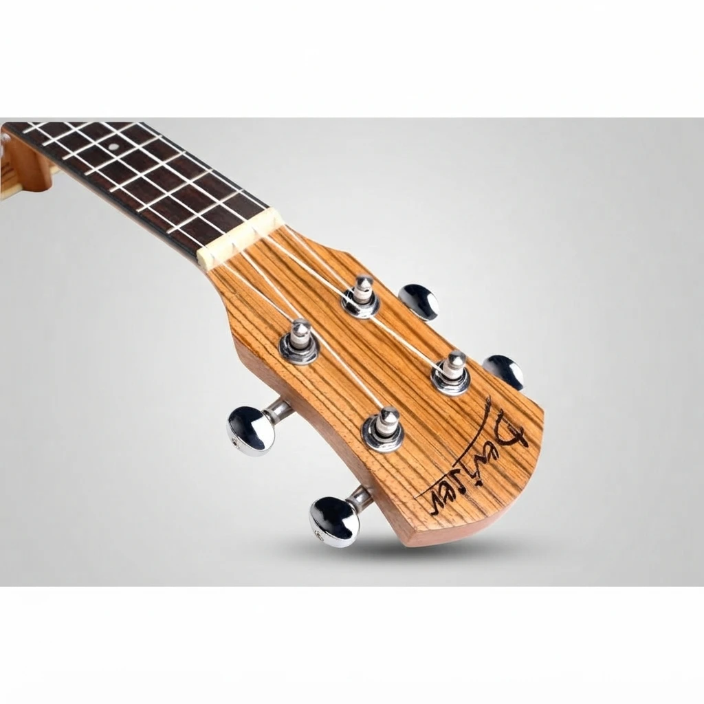 Soprano Ukulele with Zebra Striped Back, Natural Light Top, 4 Strings, Silver Closed Tuners, Decorative Rosette for Beginners