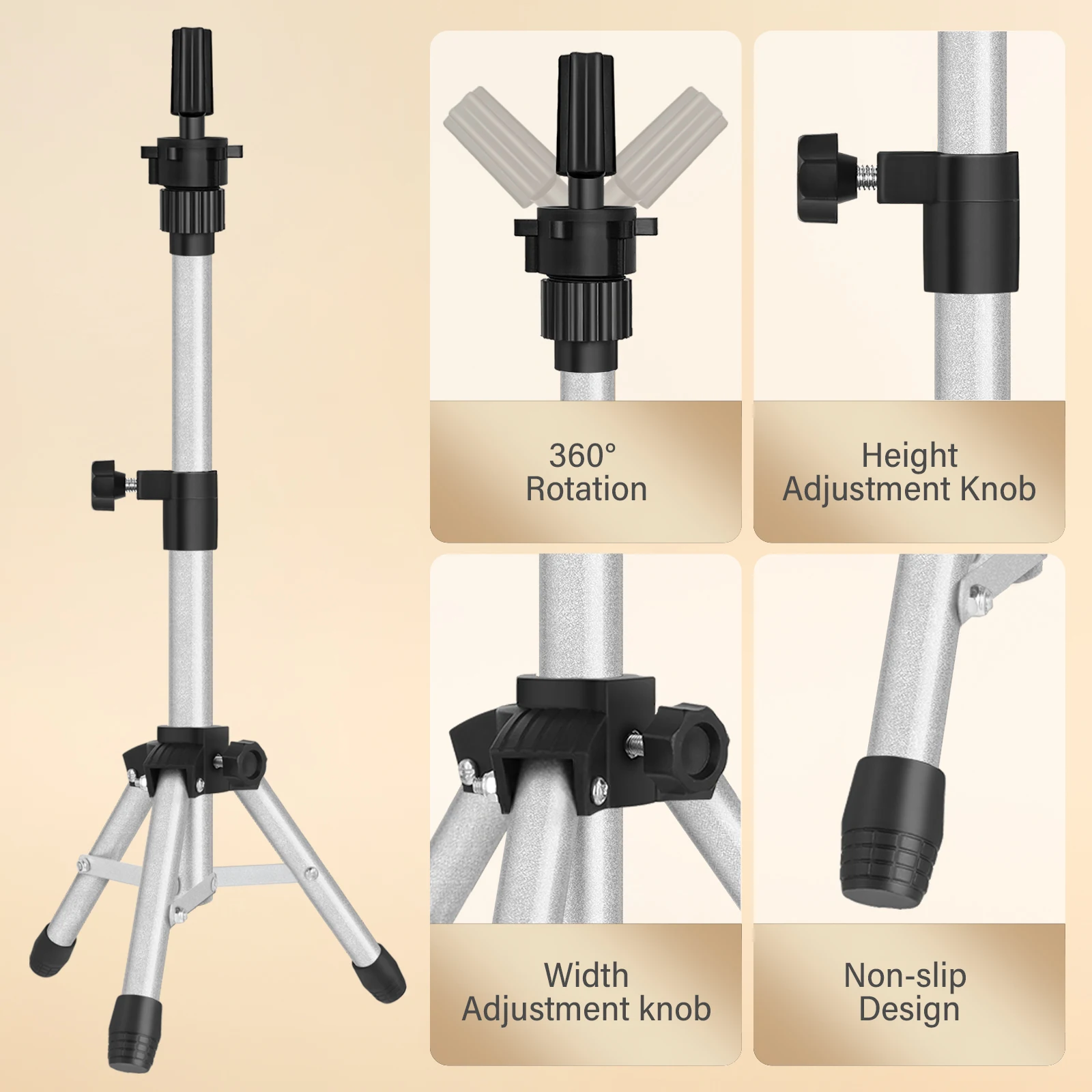 حامل ثلاثي القوائم برأس شعر مستعار قابل للتعديل، حامل رأس عارضة أزياء صغير خفيف الوزن، حامل معدني محمول لرأس التدريب أو عرض الشعر المستعار