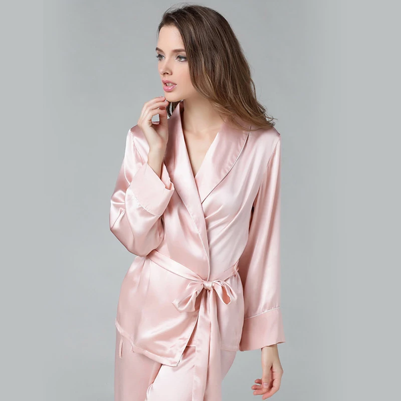 Women\'s 100% Pure Silk 16 momme satin silk Pajama Set With Belt Sleepwear Nightgown M L XL YM008