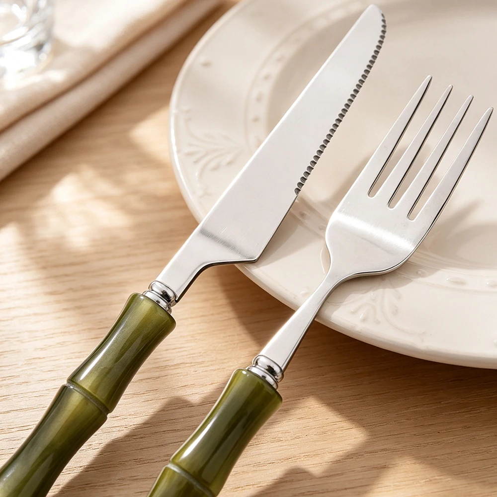 4Pcs Beiege Imitation Bamboo Handle Knife Fork Spoon Dinnerware Cutlery Set Kitchen Flatware 304 Stainless Steel Tableware Set