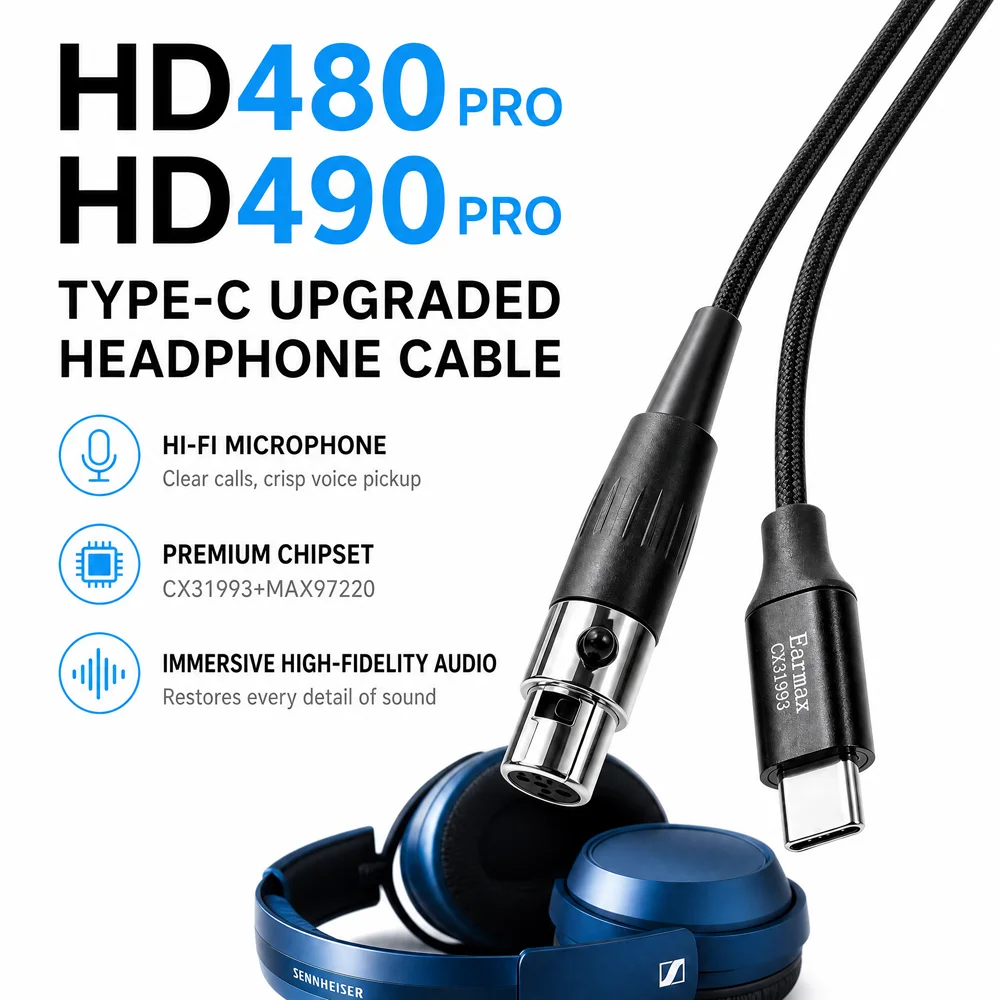 Type-C To Mini XLR Digital Decoding Adapter Cable For Sennheiser HD490PRO/HD480PRO, 32bit/384kHz Hi-Res Audio Replacement Headph