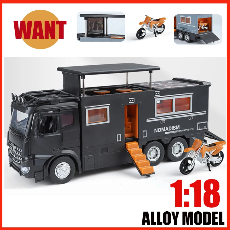 Large 1:18 Scale NOMADISM Alloy Off Road RV journey Vehicle Model Car Diecast Sound Light Display Worthy Collectible Ornament Gi