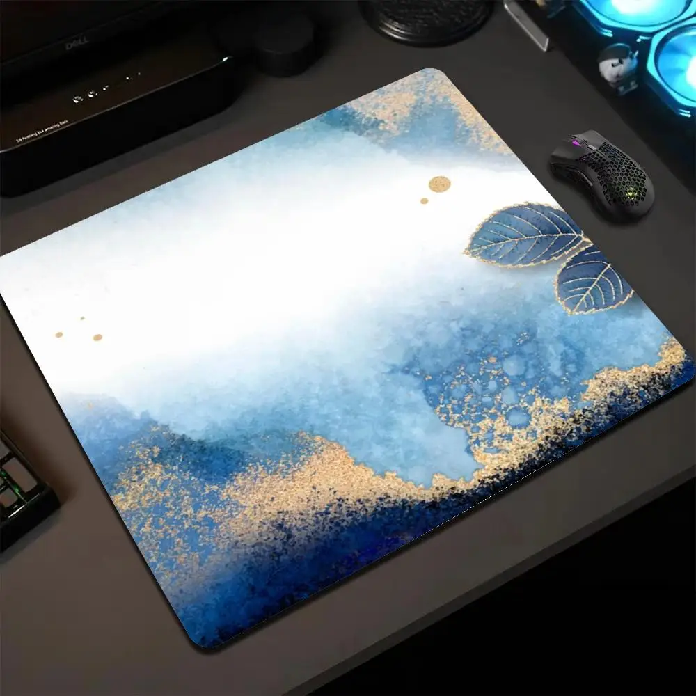 Blue Ink Wash Golden Leaves Gaming Mousepad Small Deskmat Anti-slip Lock Edge Speed Mouse Mat Abstract Pc Gamer Keyboard Pad