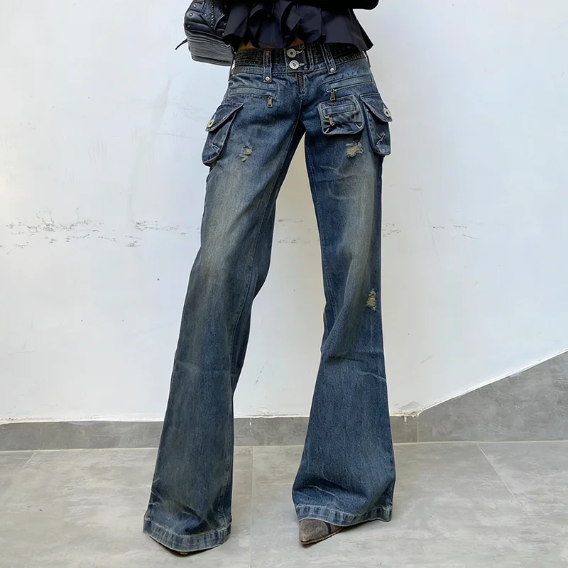 

PBAP Sexy Low Waist Cargo Jeans Zipper Decor Multi-pocket Dual Button Ripped Distressed Bootcut Pants Vintage Y2k Streetwear