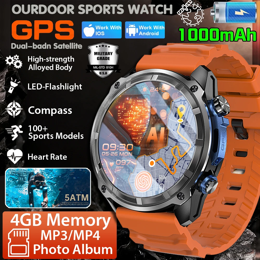 

2025 GPS Watch New 1000mAh Battery T-Rex 3 Military Grade Smartwatch Men 4GB RAM Video Call Waterproof 200+Sports Swim Watches