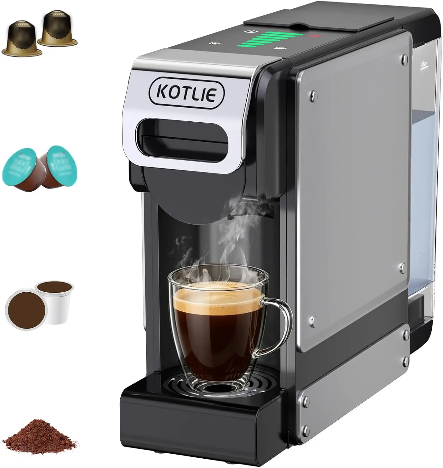 Single Serve Coffee Maker and Capsule Coffee Maker for K-*Cups, NE*S* Original, DG, and Ground Coffee. 34 Oz Removable Water Tan