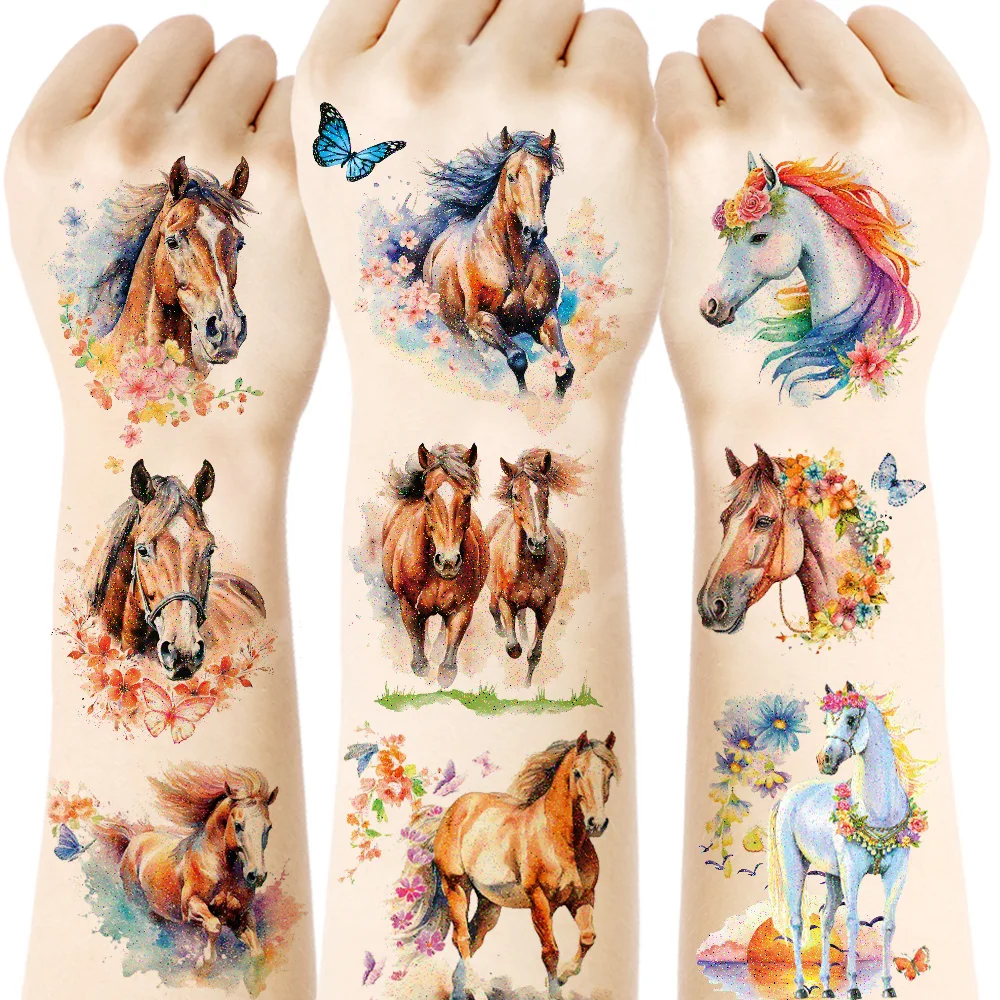 6 Sheets Glitter Horse Temporary Tattoos, Watercolor Glitter Pretty Design Flowers & Horses Fake Tattoos, Birthday Party Favors