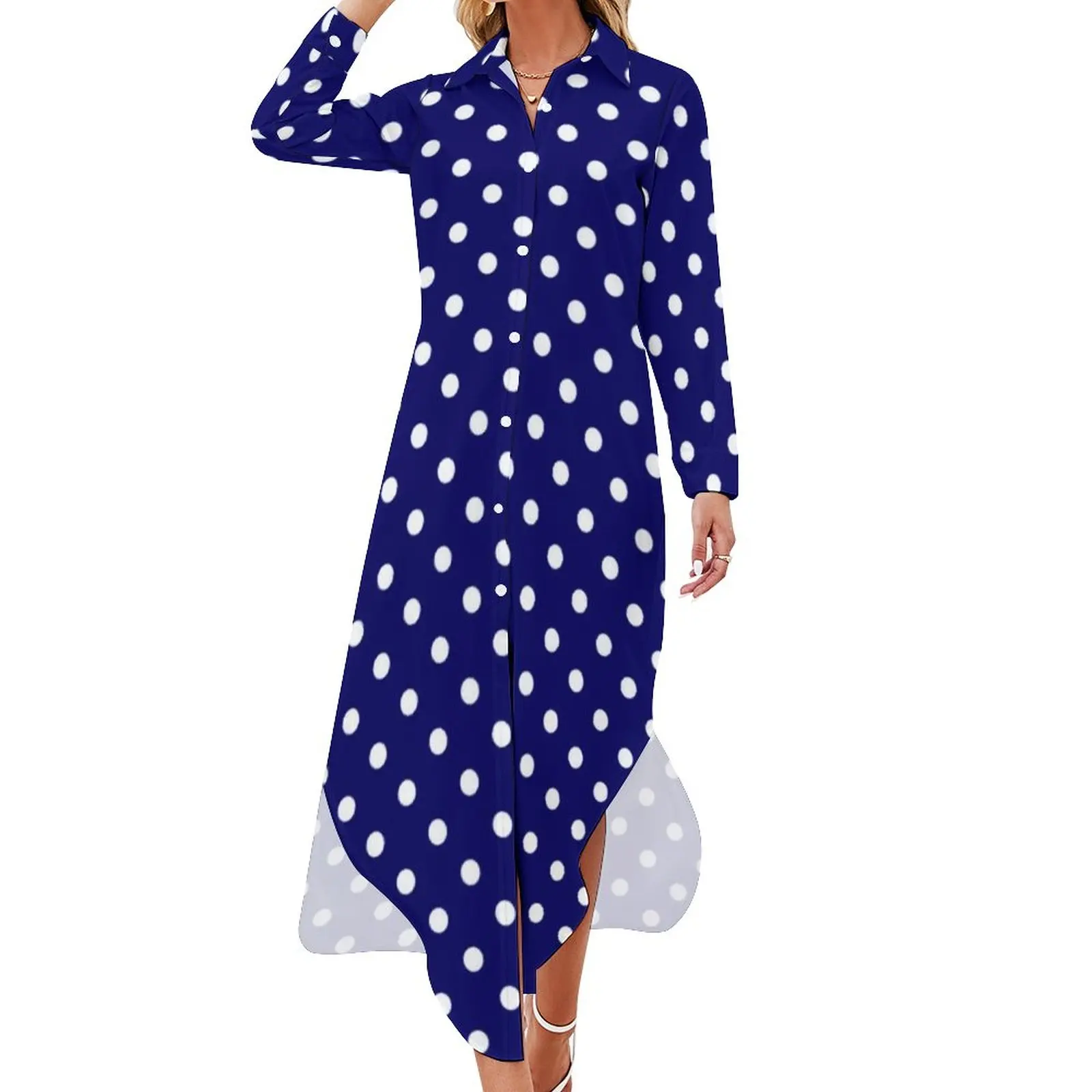 Blue Polka Dots Chiffon Dress Vintage Polka Dot Trendy Dresses Women Long Sleeve Stylish V Neck Custom Oversized Casual Dress