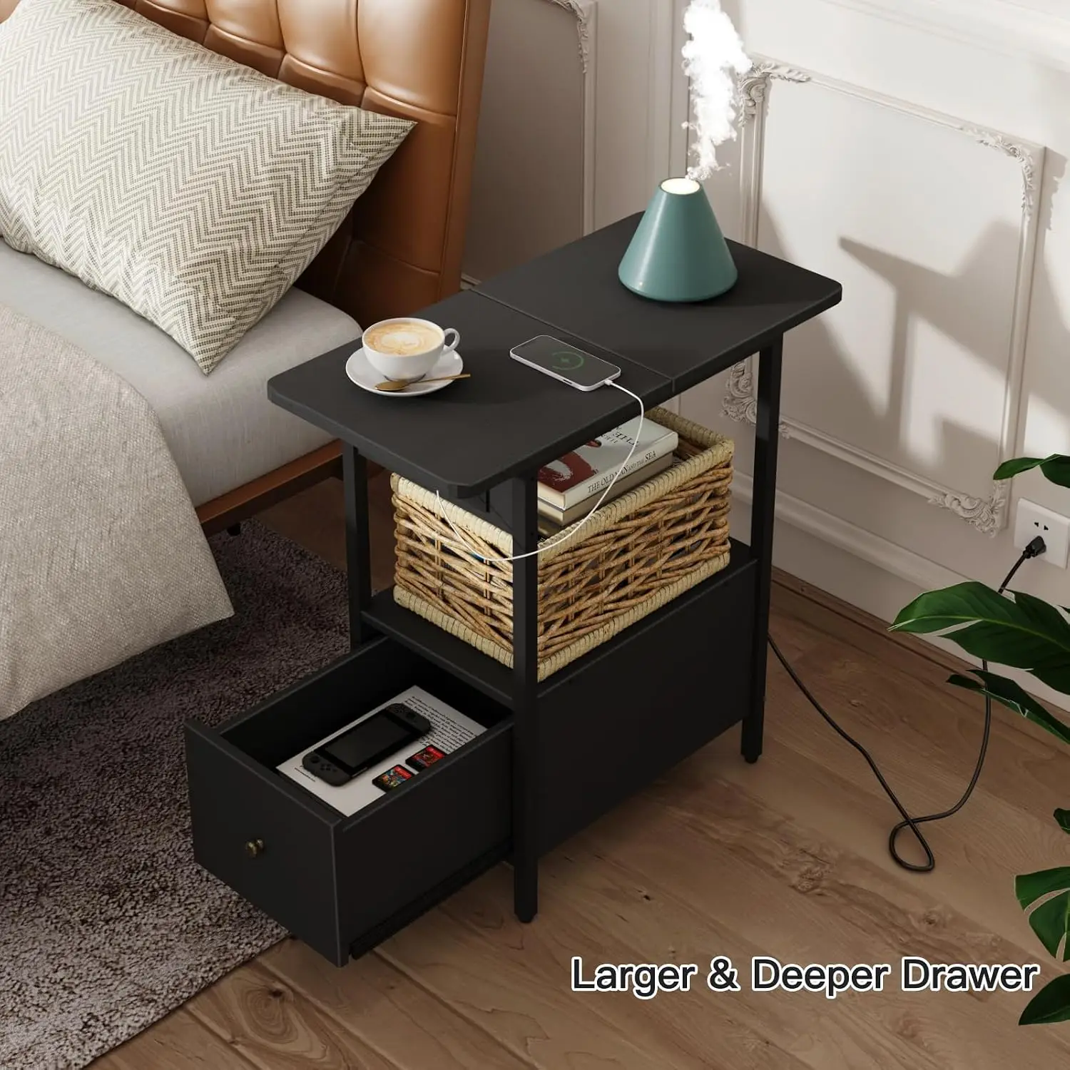 Narrow End Table with Charging Station & Drawer, Customized