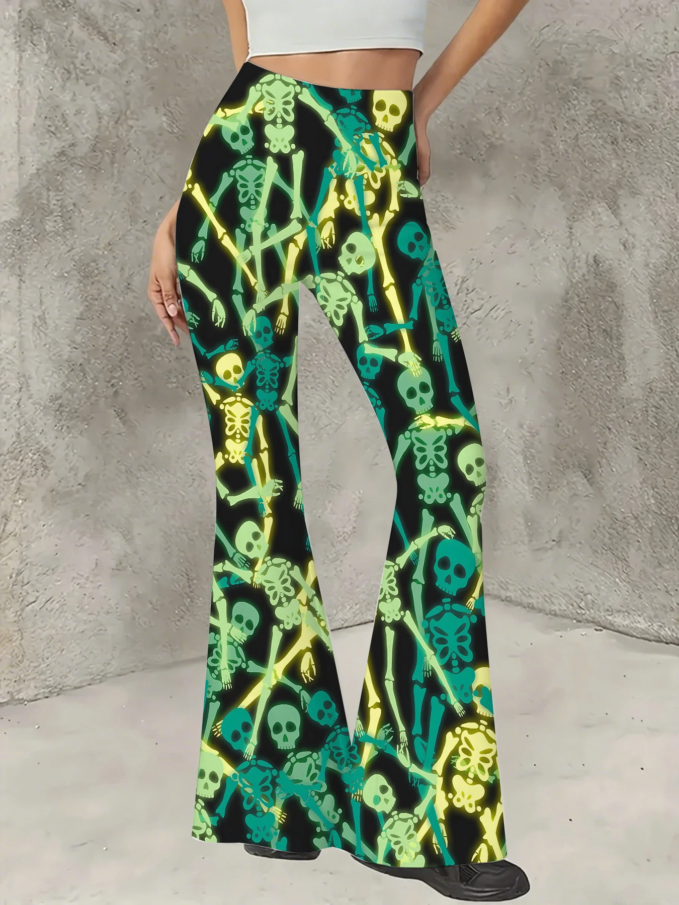 

Y2K Graphic Print Flare Pants Women High Waist Knit Bell Bottom Trousers